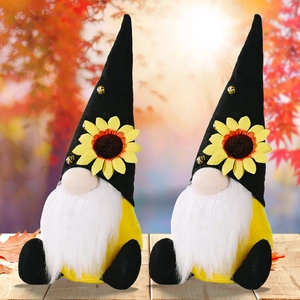 Set of two harvest gnomes with sunflowers and bees for autumn festival home decoration