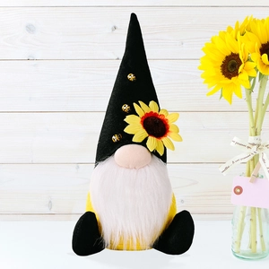 Sunflower gnome plush with bee decorations and white beard for harvest day decor