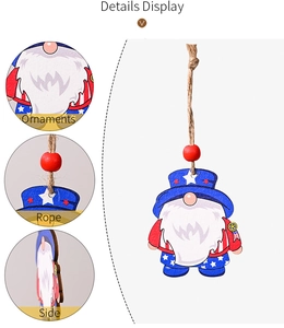 Detail view showing American flag gnome ornament wood texture and rope hanging structure