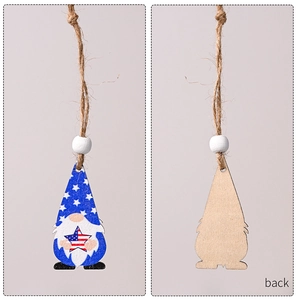 Detail of wooden gnome ornament showing front American flag design and plain wood back