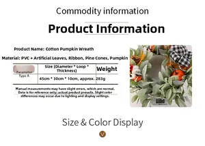 Size chart for 45cm autumn wreath with cotton, pumpkins and pine cones for decor