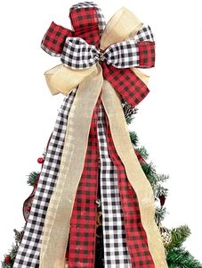 Plaid Christmas tree topper bow with red black and white checkers and long streamers