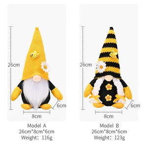 Detail showing dimensions of bee gnomes with yellow knit hats and daisy decorations