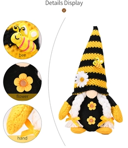 Detail display of bee gnome plush with striped knitted hat and daisy flower buttons