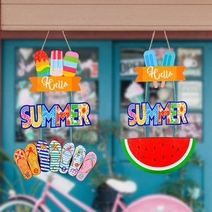 Detail of summer wooden signs with rainbow popsicle and watermelon designs for home decor