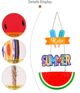 Detail view of wooden Hello Summer door sign with hemp rope and three-ply wood texture