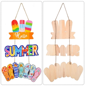 Detail of wooden summer door sign with Hello Summer text and colorful flip flop patterns