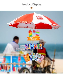 Detail of wooden Hello Summer welcome hanging sign with ice cream and flip-flops decor