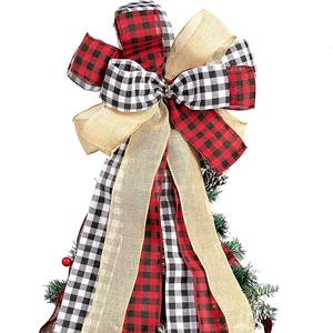 Extra-long 30-inch Christmas tree topper bow with plaid and burlap festive rustic design
