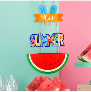 Detail of wooden summer sign with popsicle and watermelon slices on vibrant background