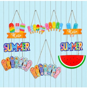 Detailed set of wooden summer hanging signs featuring ice cream and beach flip-flops