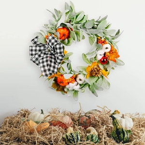 Autumn Harvest Pumpkin Cotton Wreath With Buffalo Plaid Bow For Thanksgiving Home Door Decor Artificial Lambs Ear Leaf Maple Leaf Berry Pine Cone Fall Wreath