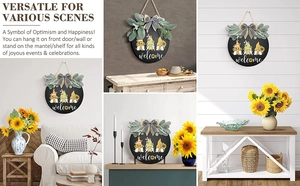 Collage of rustic welcome gnome sign with sunflowers in various home decor settings