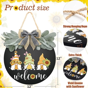 12-inch sunflower gnome welcome sign with buffalo plaid bow and green foliage