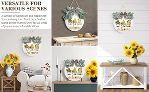 Detail of sunflower gnome welcome sign showing versatile indoor wall and table decor