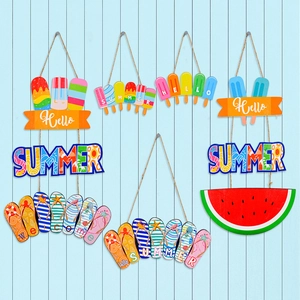 Summer Beach Wood Hanging Ornament Hello Summer Welcome Sign Ice Pop Flip-flop Watermelon Pattern For Door Wall Decor