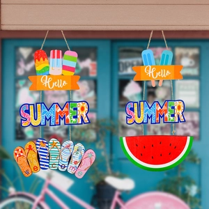 Summer wooden door signs featuring ice cream, flip flops, and watermelon for home decor