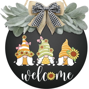 Sunflower Gnome Welcome Sign Wooden Farmhouse Round Door Hanger For Front Door Porch Wall Decor Rustic Plaque With Bow