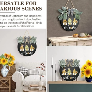 Sunflower gnome welcome sign for front door decor with greenery and checkered bow