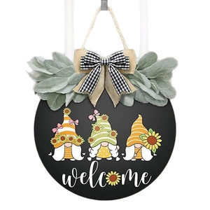 Welcome door sign with yellow sunflowers, cute gnomes, and burlap bow for home decor