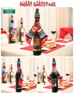 Close-up of knitted Christmas wine bottle set with elk pattern scarf and pom-pom hat