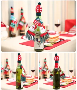 Detailed Christmas wine bottle set with Santa scarf and red polka dot knitted hat