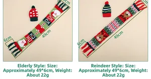 Detail of knit Christmas wine bottle set with Santa and reindeer patterns and dimensions