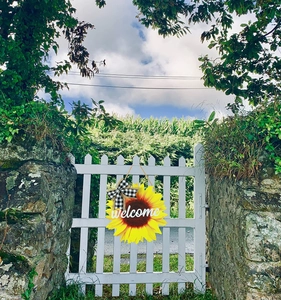 Gros plan d'une plaque de porte tournesol en bois avec texte de bienvenue