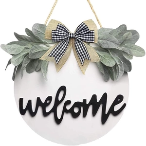 Rustic Wooden Welcome Sign For Front Door Round Wreath With Checkered Bows And Faux Lambs Ear Greenery For Farmhouse Wall Home Decor