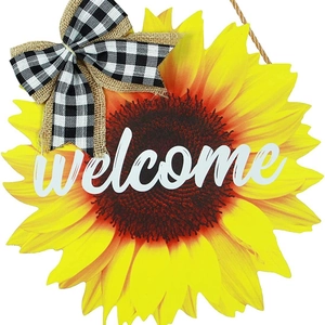 Panneau Bienvenue Tournesol Suspension Porte Bois Nœud Carreaux Couronne Toile Jute Déco Murale Entrée Maison Été Printemps