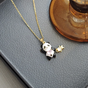 Collana Con Pendente Panda In Smalto Con Zircone Cuore Rosa Catena Oro Acciaio Inossidabile Gioielli Per Donna