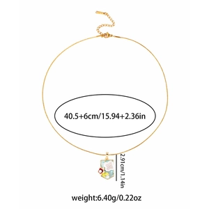 Elegant gold shield necklace with blue floral pendant and pearl, chain length 40.5+6cm