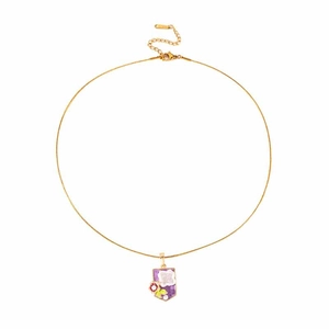Elegant gold necklace with purple shield pendant featuring white floral zircon inlay