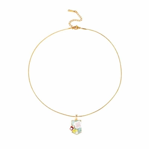 Elegant gold chain necklace with light blue floral shield pendant and enamel flower detail