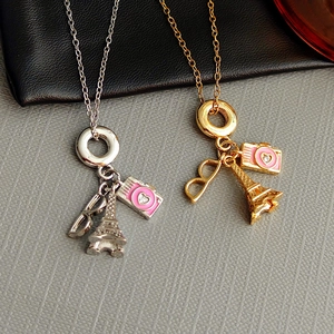 Collier Pendentifs Appareil Photo Tour Eiffel Et Lunettes Acier Titane Alliage De Cuivre Style Voyage Français Pour Femmes