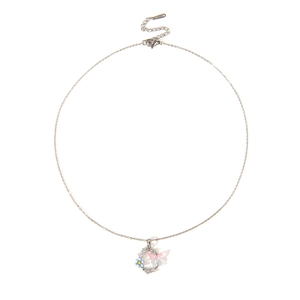 Collier élégant en argent avec pendentif papillon en émail rose et petite fleur bleue