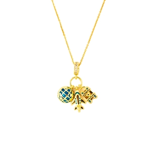Collier voyage doré avec pendentifs avion, globe émaillé bleu et valise zircon