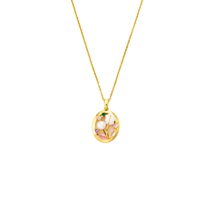 Elegant gold titanium necklace with oval flower pendant featuring pink zircon and pearls