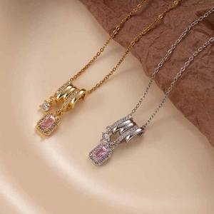 Chic tassel sugar cube zircon necklace with pink gemstone pendant in gold and silver finish