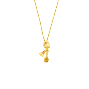 Gold badminton racket and pink shuttlecock pendant necklace on a sleek gold chain