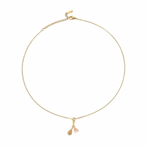 Detail view of golden badminton racket necklace with polished surface and O-chain