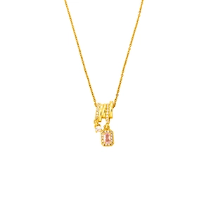 Gold tassel necklace with pink zircon pendant and micro-paved crystal rings for women