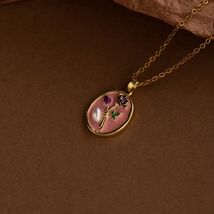 Vintage French style gold necklace with purple rose pendant and baroque pearl