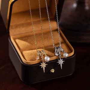 Elegant Eight Pointed Star Artificial Pearl Necklace Stainless Steel Copper Paved Zirconia Chic Jewelry For Women