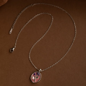 French vintage titanium steel necklace with purple floral pendant and baroque pearl charm