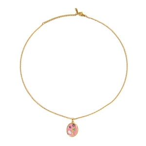 Close-up of vintage French gold necklace with floral pink enamel and baroque pearl