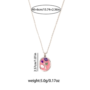Detail view of purple floral pendant with Baroque pearl showing dimensions and chain length