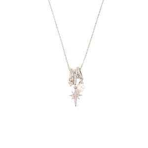 Elegant silver star necklace featuring a pearl and sparkling square zircon pendant