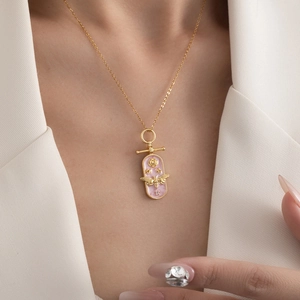 French vintage titanium steel necklace with 3D bee on pink enamel oval pendant