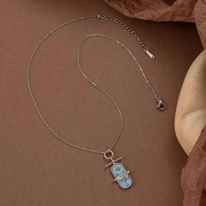 French style 3D bee titanium steel necklace with blue enamel pendant and floral accents